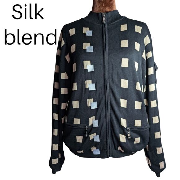 Jamie Sadock black geometric pattern silk blend lined zipup cardigan Medium - Picture 1 of 7